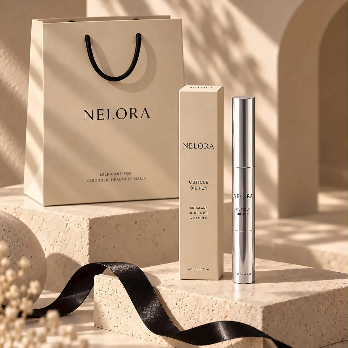 NELORA pen, box and gift bag on stone