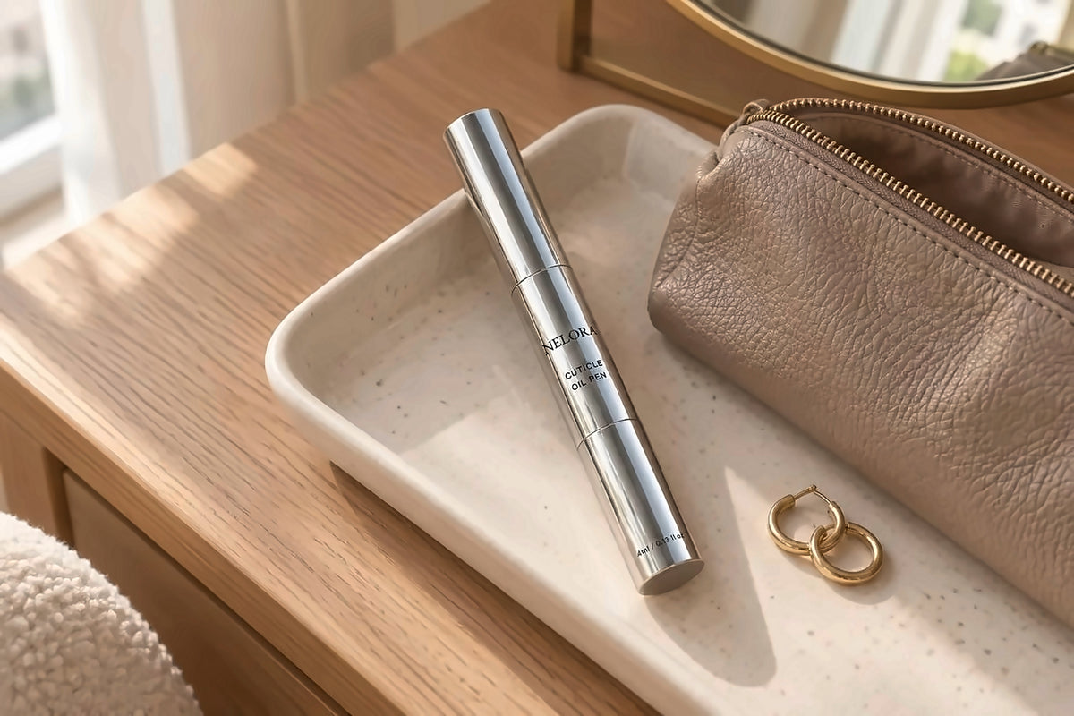 NELORA pen on a ceramic tray with gold earrings